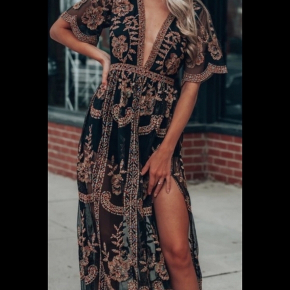 Sexy boho black multi deep v-neck floral lace embroidered maxi romper dress - Picture 2 of 6